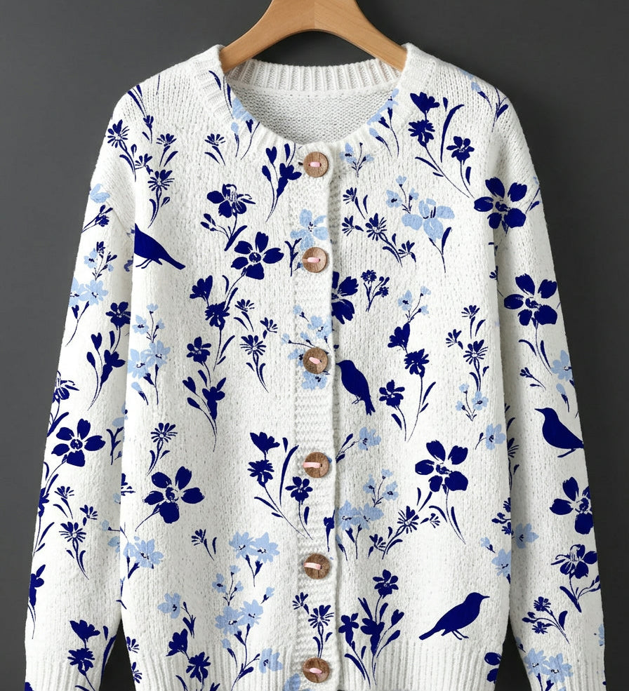 Vynora™ | Vintage Floral Bird Print Button-Front Cardigan Sweater